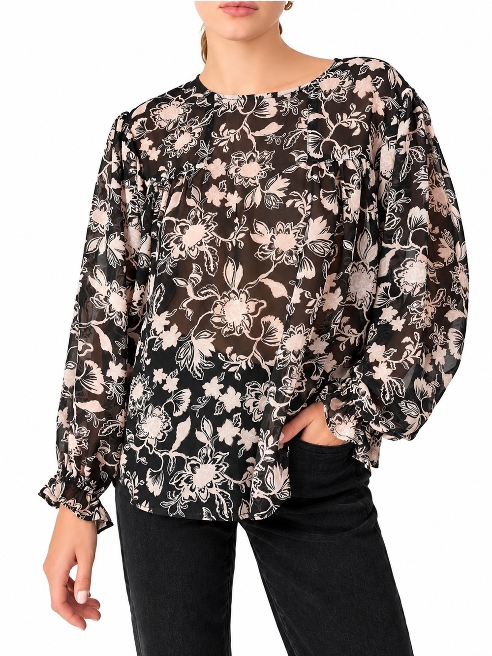 Sanctuary Black Blush Floral Puff-Sleeve Blouse